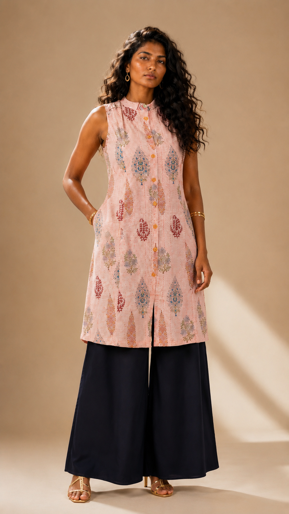 SANGANERI Gulab Hand Block Print Sleeveless A-Line Dress | GI-Tagged Jaipur Craft Cotton Dress
