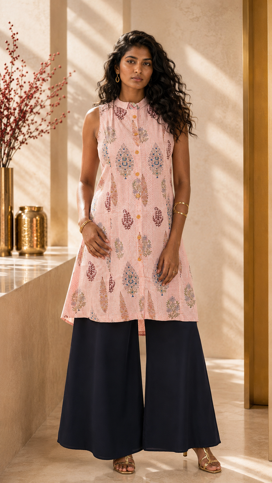 SANGANERI Gulab Hand Block Print Sleeveless A-Line Dress | GI-Tagged Jaipur Craft Cotton Dress