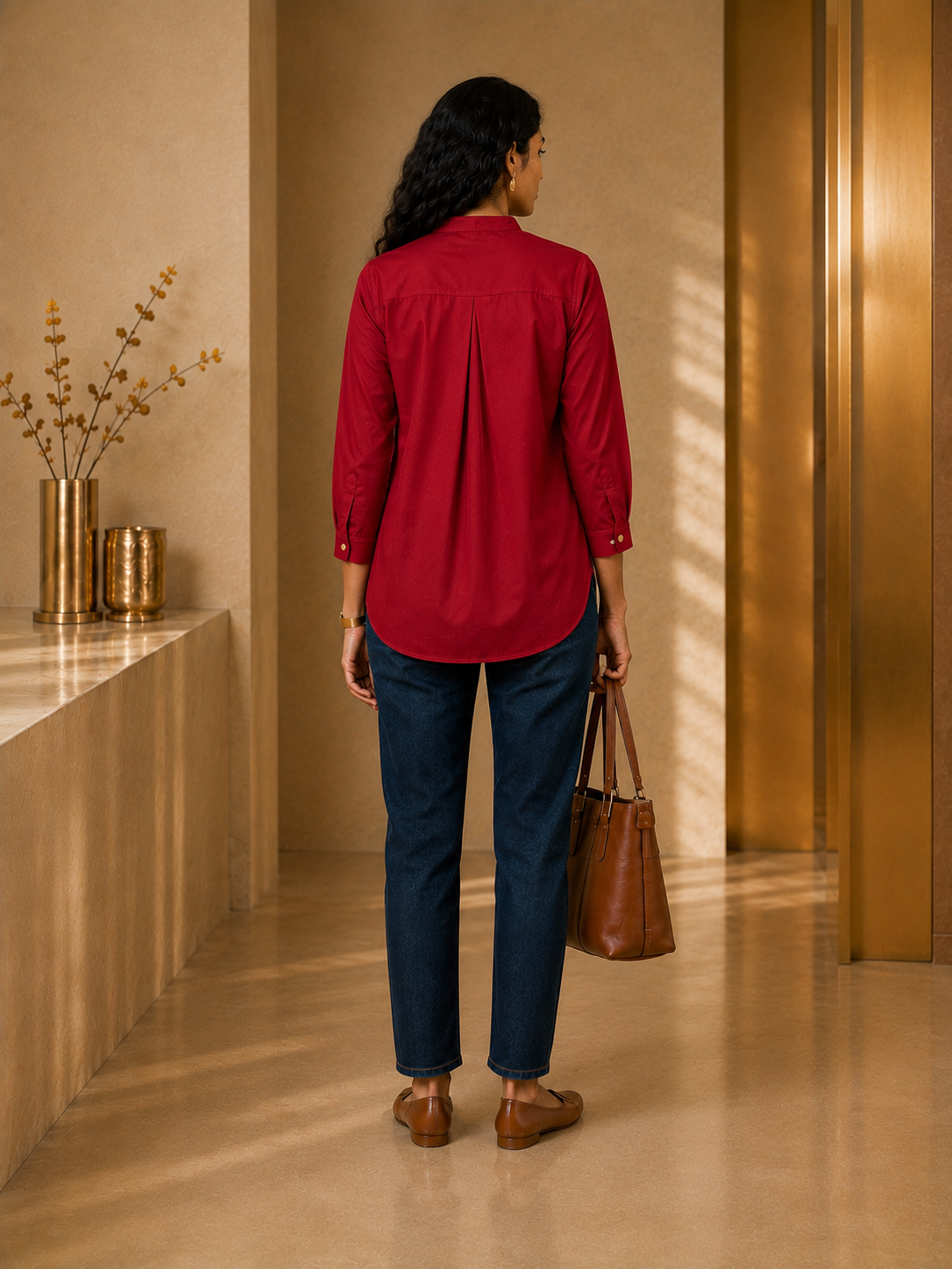 KANSO Women's Cotton Linen Mandarin Collar Top | Button-Down High-Low Hem Shirt
