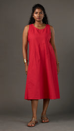 KANSO | Red Sleeveless Cotton Linen A-Line Midi Dress