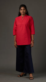 KANSO | Red Cotton Linen Mandarin Collar Regular Fit Tunic