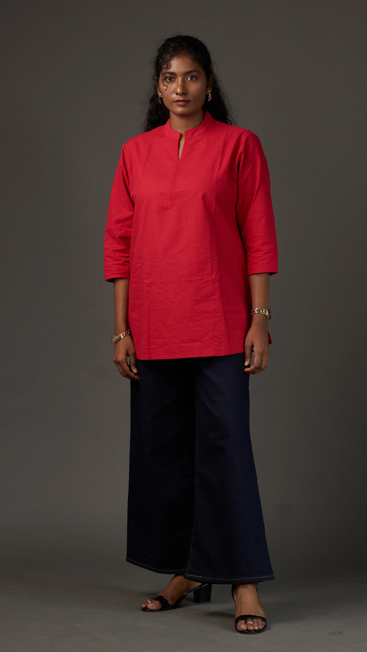 KANSO | Red Cotton Linen Mandarin Collar Regular Fit Tunic