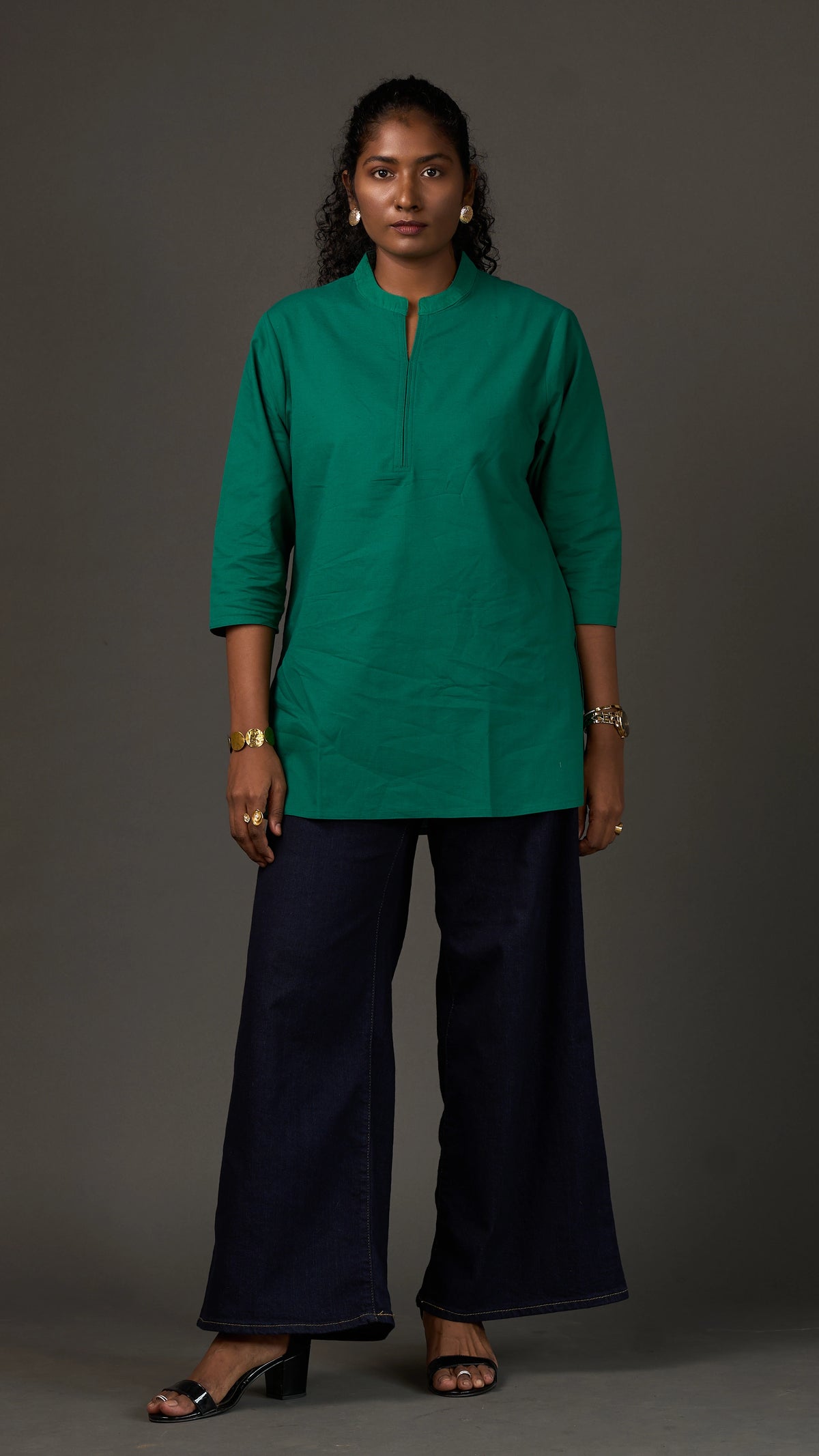 KANSO | Green Cotton Linen Mandarin Collar Regular Fit Tunic