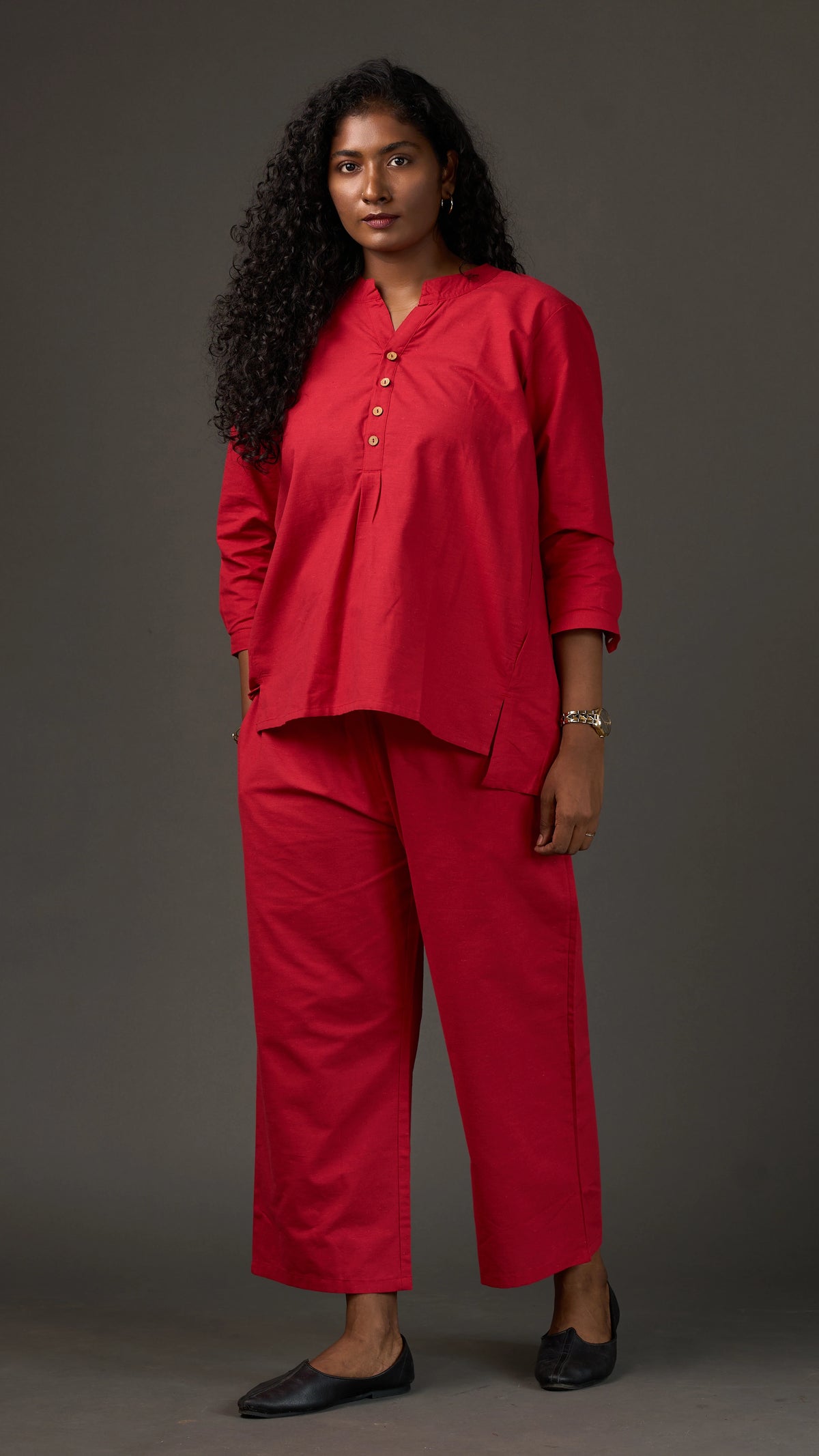 KANSO | Red Cotton Linen Mandarin Collar Tunic with Wooden Buttons