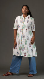 SANGANERI | Ivory Aqua striped Floral Cotton Shirt Dress