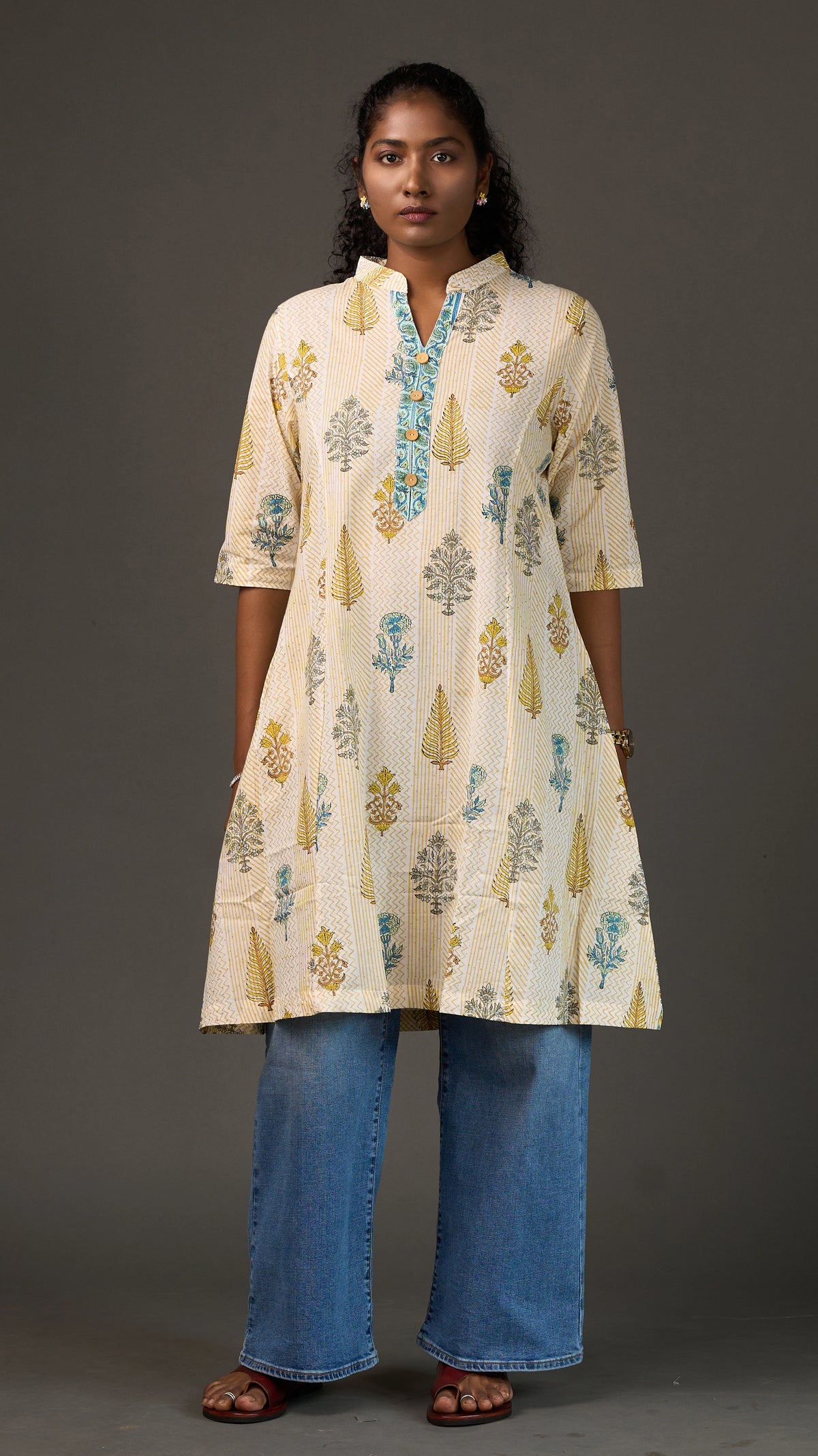 SANGANERI | Ivory Yellow striped Floral Cotton Tunic Dress