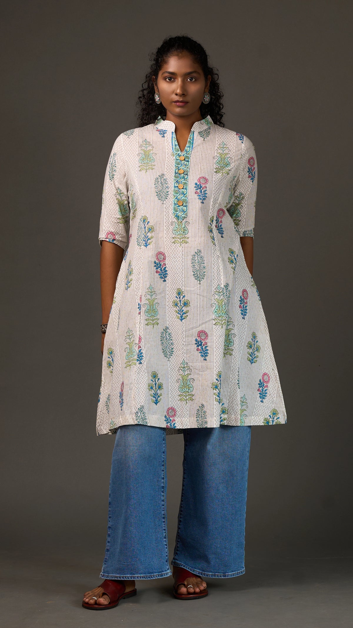 SANGANERI | Ivory Ash striped Floral Cotton Shirt Dress