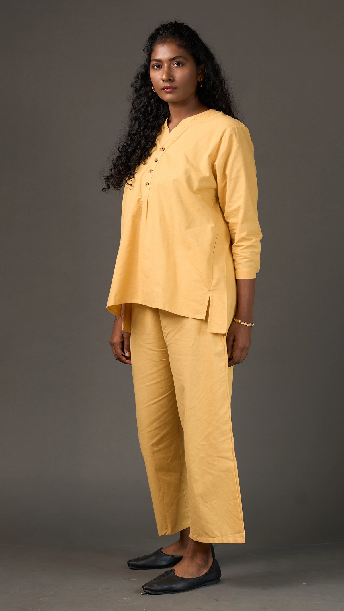 KANSO | Yellow Cotton Linen Mandarin Collar Tunic with Wooden Buttons