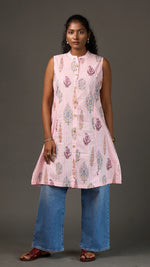 SANGANERI | Ivory Rose striped Floral Cotton sleeveless Shirt Dress