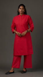 KANSO | Red Cotton Linen Mandarin Collar long Kurta