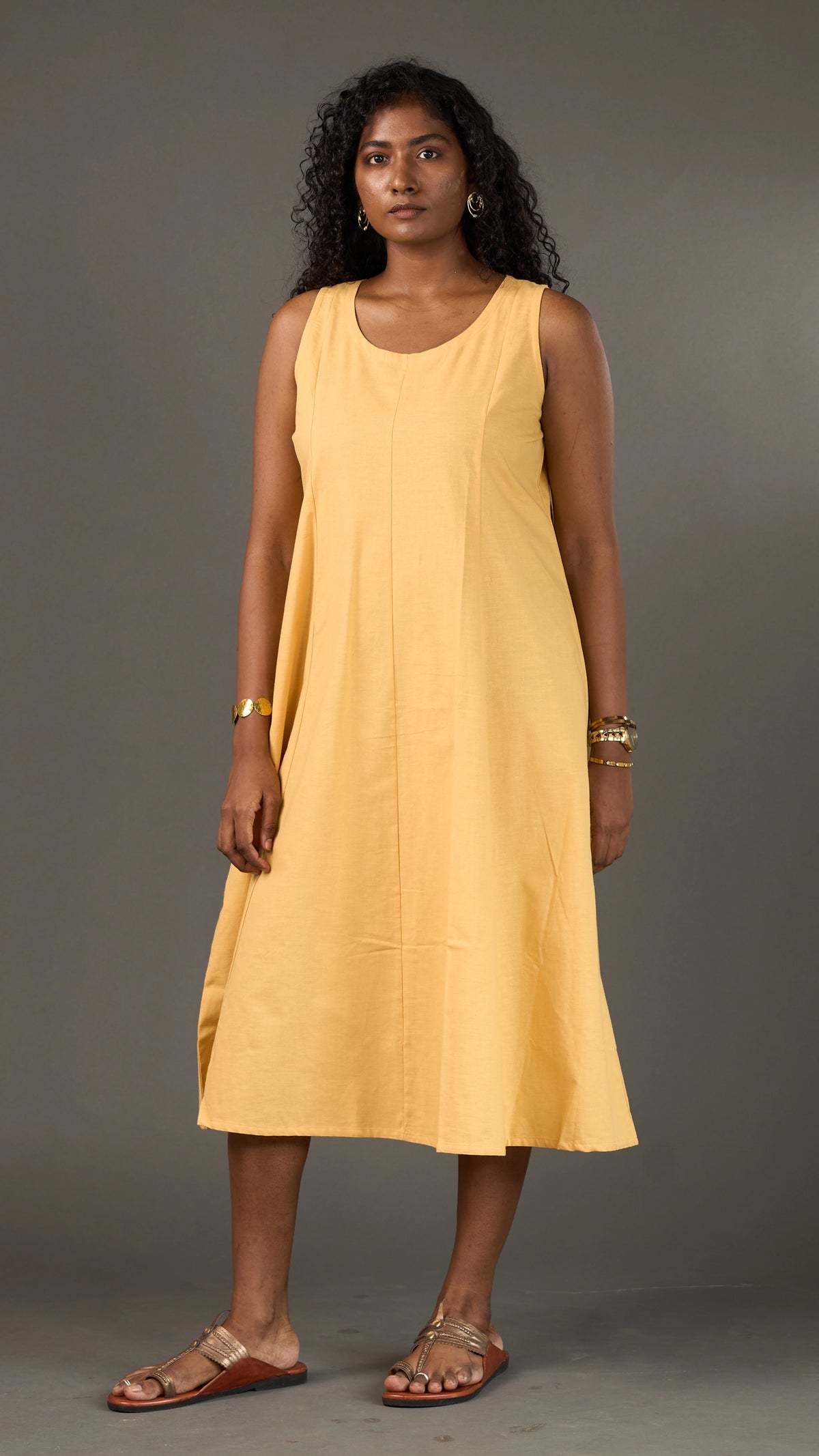 KANSO | Yellow Sleeveless Cotton Linen A-Line Midi Dress