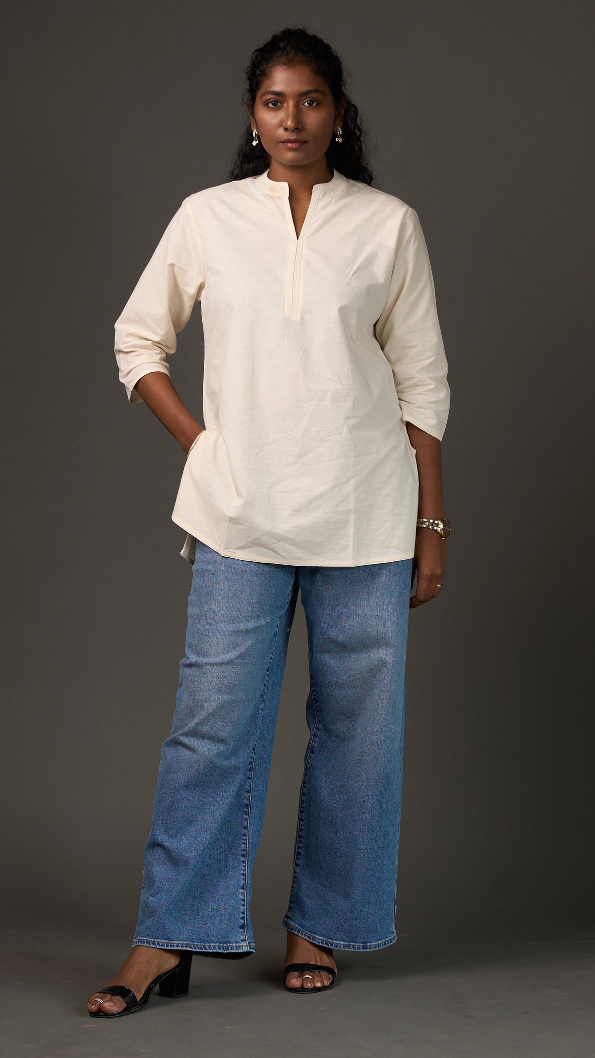 KANSO | White Cotton Linen Mandarin Collar Regular Fit Tunic