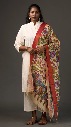 KALAMKARI | Collector's edition Ivory floral vine Shawl-Handcrafted