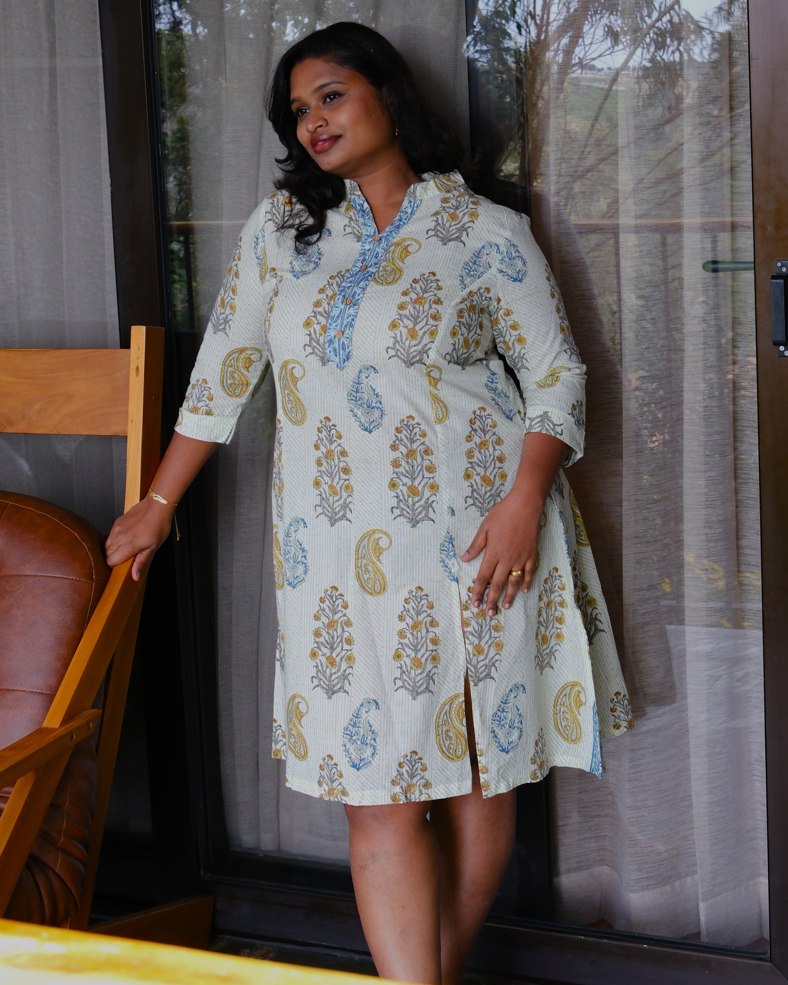 Sanganeri Hand Block Print A-Line Kurta Dress — Mint Paisley | 100% Premium Cotton