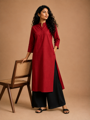 KANSO Women's Cotton Linen Long Kurta | Mandarin Collar Straight Fit Kurta with Pocket