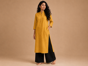 KANSO Women's Cotton Linen Long Kurta | Mandarin Collar Straight Fit Kurta with Pocket