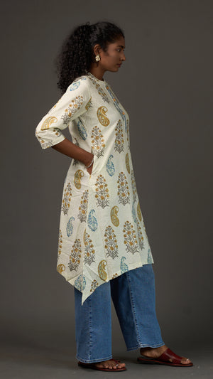 SANGANERI | Ivory Pistachio striped Floral Cotton Shirt Dress