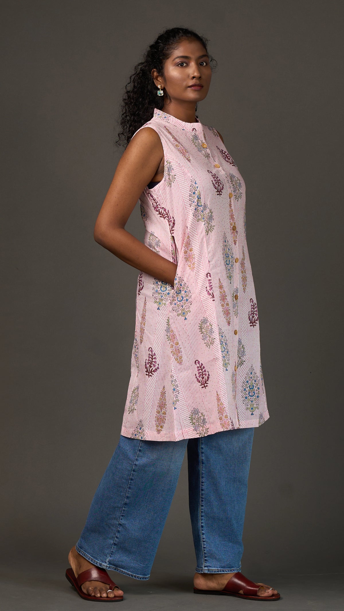 SANGANERI | Ivory Rose striped Floral Cotton sleeveless Shirt Dress