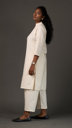 KANSO | White Cotton Linen Mandarin Collar long Kurta