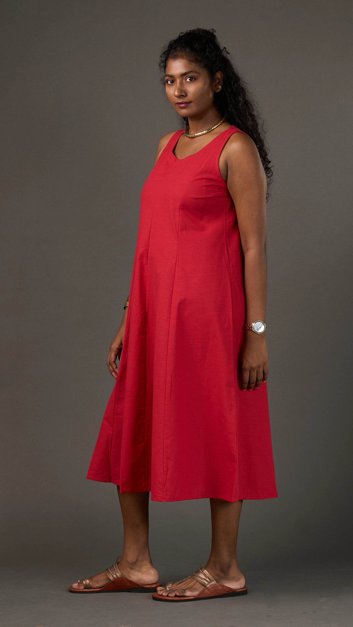KANSO | Red Sleeveless Cotton Linen A-Line Midi Dress