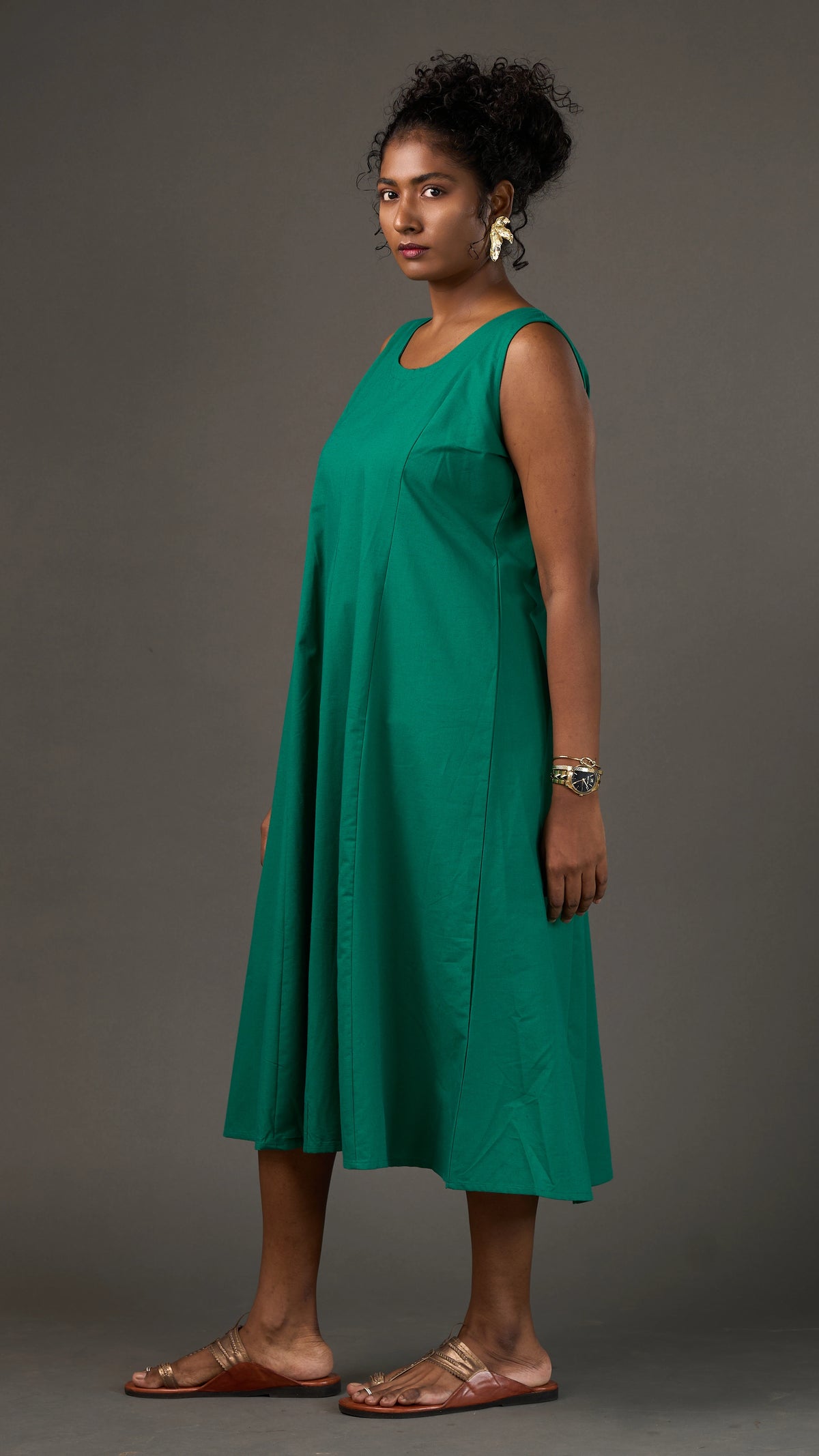 KANSO | Green Sleeveless Cotton Linen A-Line Midi Dress