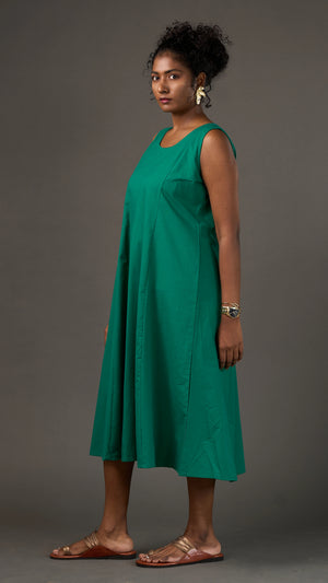 KANSO | Green Sleeveless Cotton Linen A-Line Midi Dress