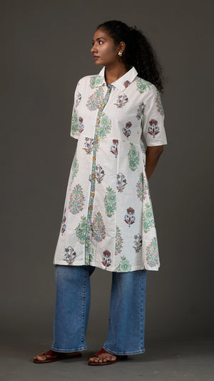 SANGANERI | Ivory Aqua striped Floral Cotton Shirt Dress