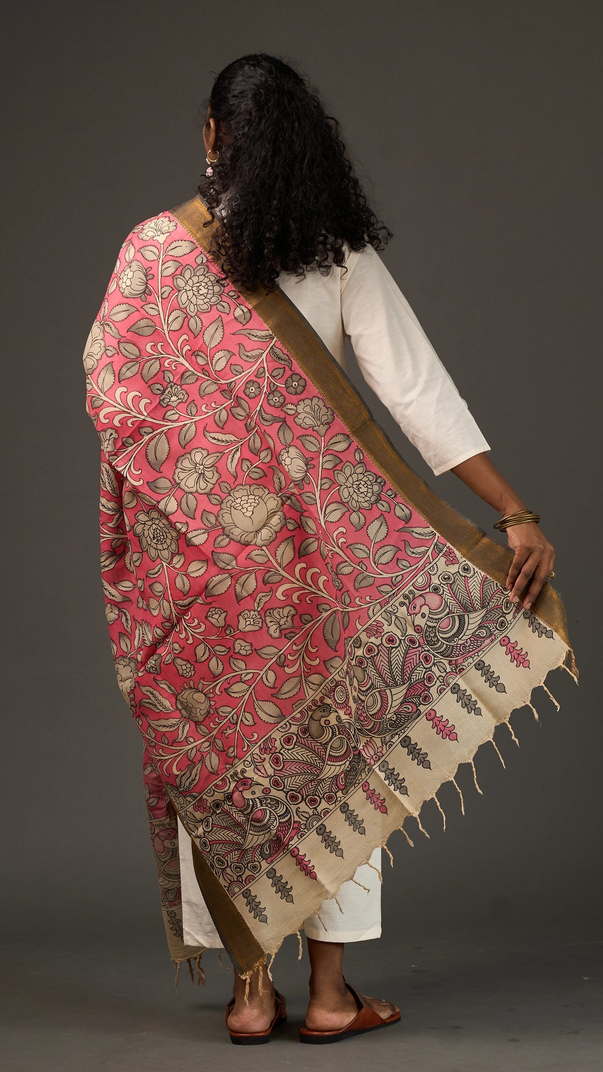 KALAMKARI | Collector's edition Rose' Pink floral Shawl-Handcrafted
