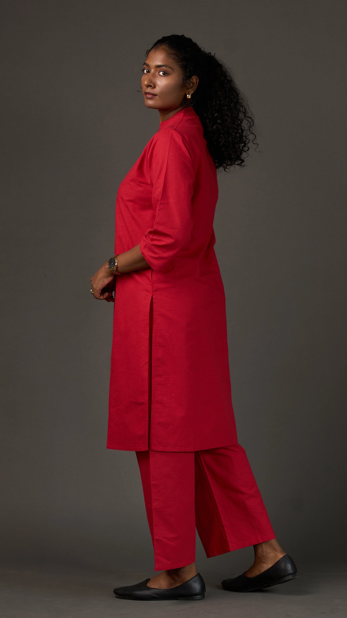 KANSO | Red Cotton Linen Mandarin Collar long Kurta