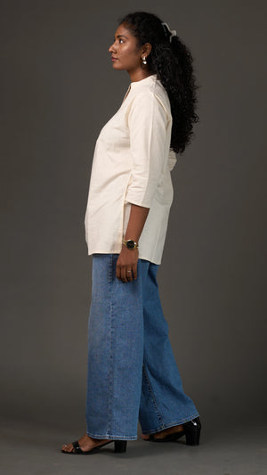 KANSO | White Cotton Linen Mandarin Collar Regular Fit Tunic