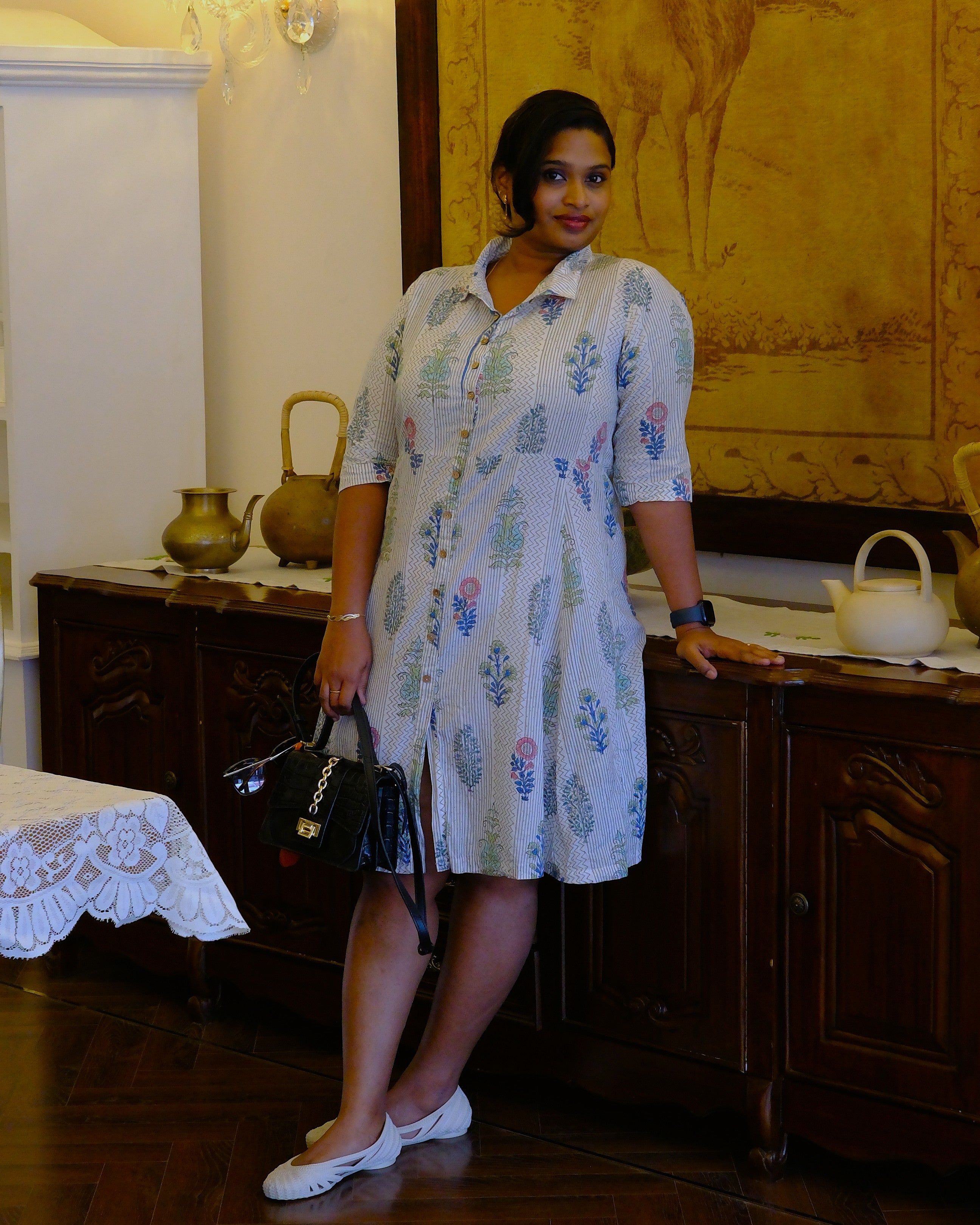 Sanganeri Hand Block Print A-Line Shirt Dress — Ivory | 100% Premium Cotton