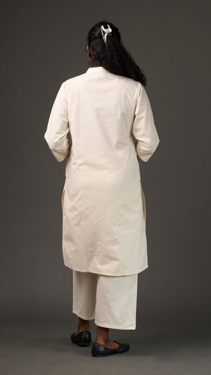 KANSO | White Cotton Linen Mandarin Collar long Kurta