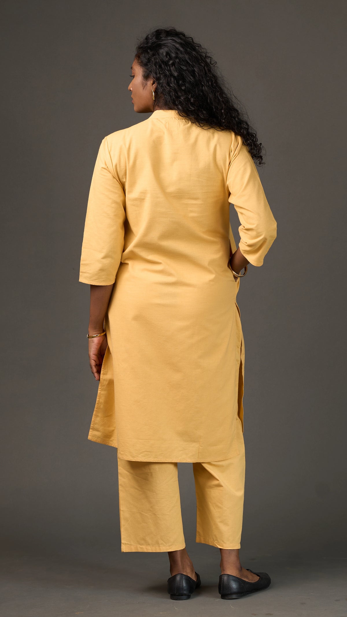 KANSO | Yellow Cotton Linen Mandarin Collar long Kurta