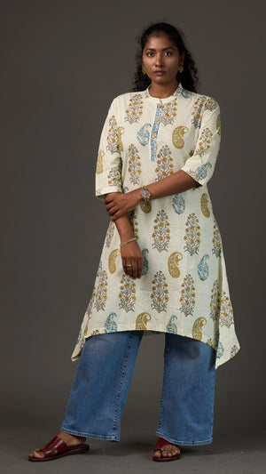 SANGANERI | Ivory Pistachio striped Floral Cotton Shirt Dress