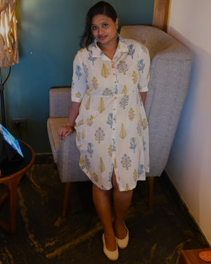 Sanganeri Hand Block Print A-Line Shirt Dress — Mustard Stripe | 100% Premium Cotton