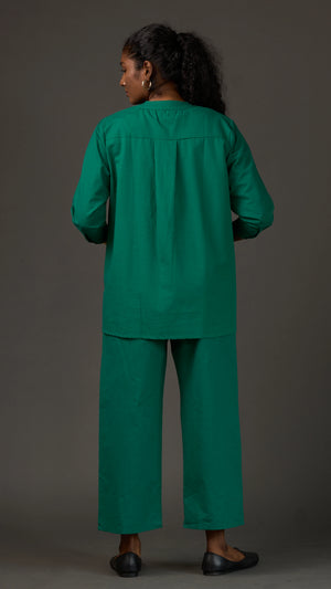 KANSO | Green Cotton Linen Mandarin Collar Tunic with Wooden Buttons