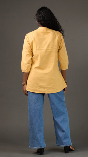 KANSO | Yellow Cotton Linen Mandarin Collar Regular Fit Tunic