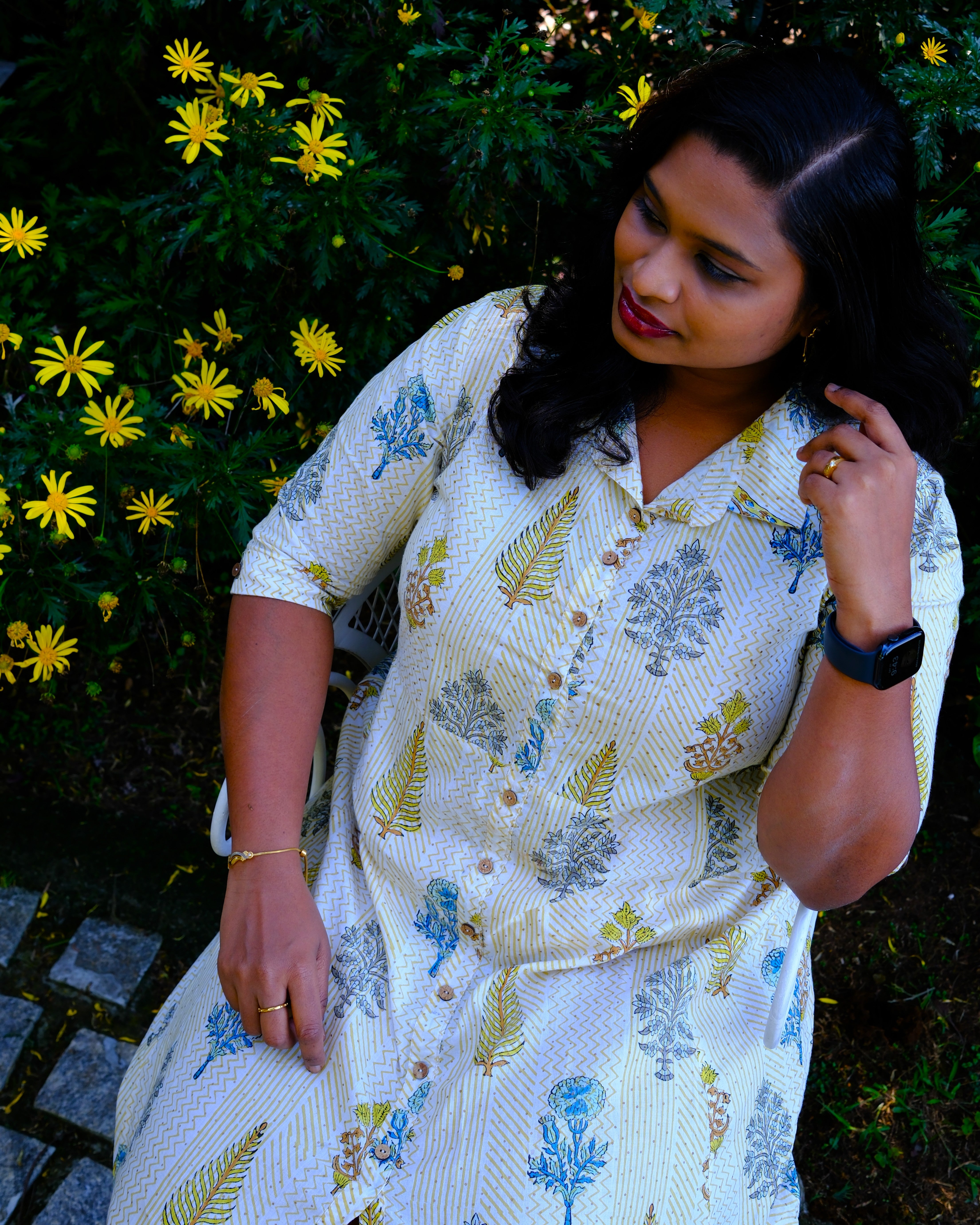 Sanganeri Hand Block Print A-Line Shirt Dress — Mustard Stripe | 100% Premium Cotton