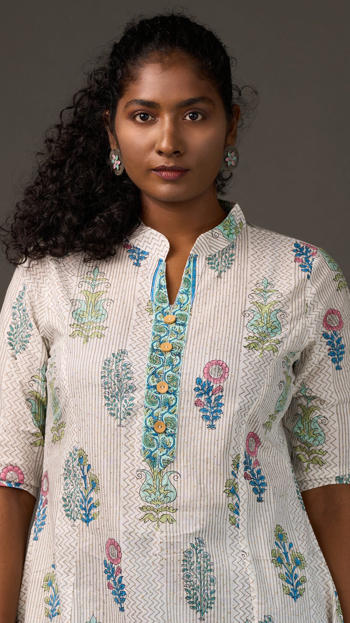 SANGANERI | Ivory Ash striped Floral Cotton Shirt Dress