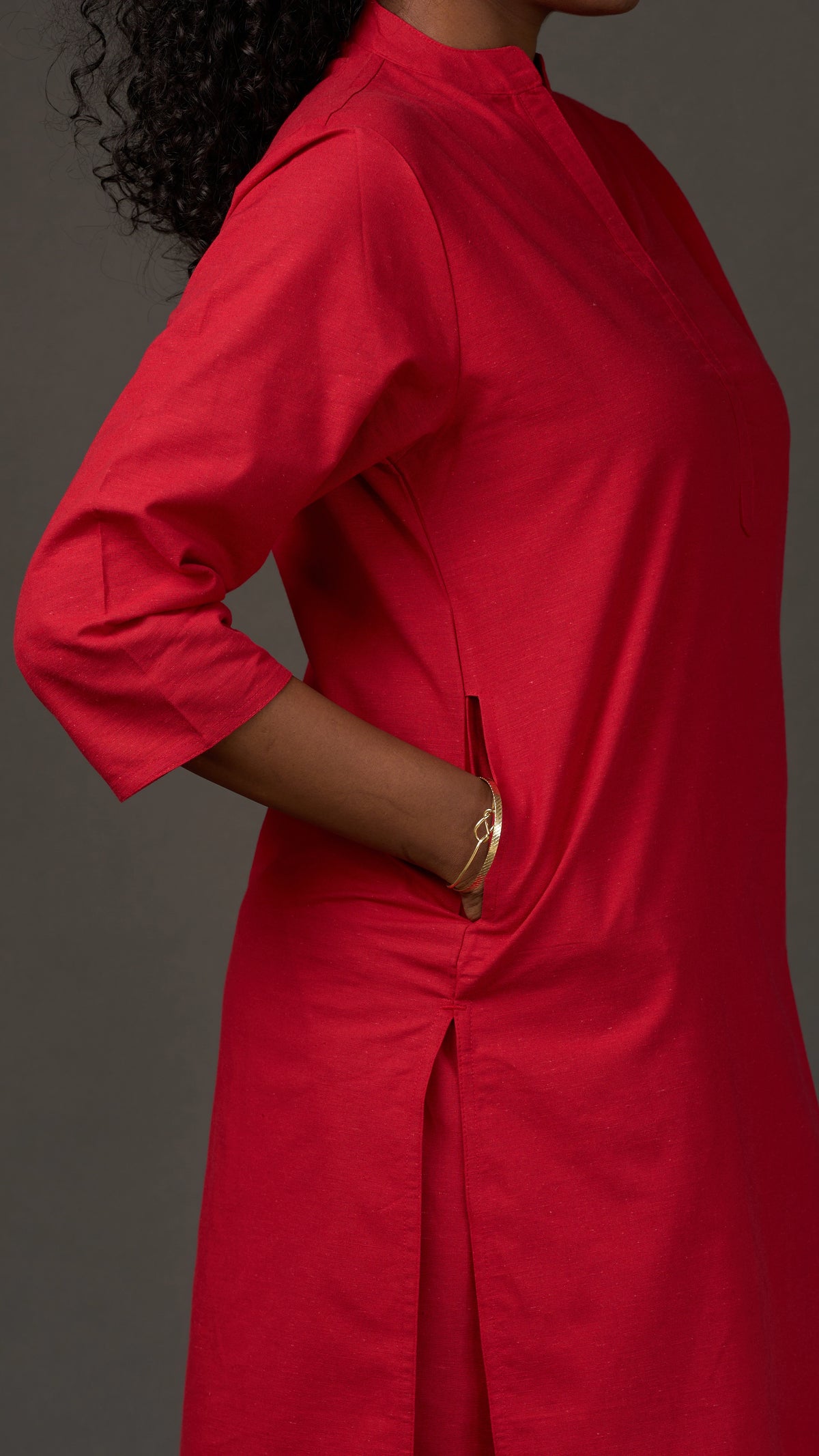 KANSO | Red Cotton Linen Mandarin Collar long Kurta