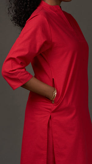 KANSO | Red Cotton Linen Mandarin Collar long Kurta