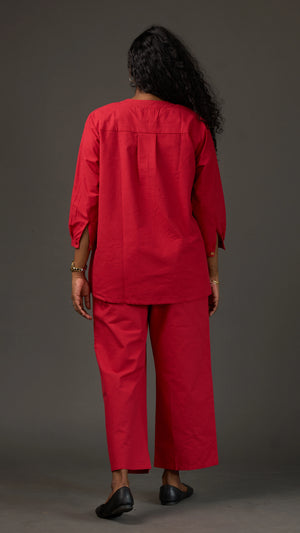 KANSO | Red Cotton Linen Mandarin Collar Tunic with Wooden Buttons