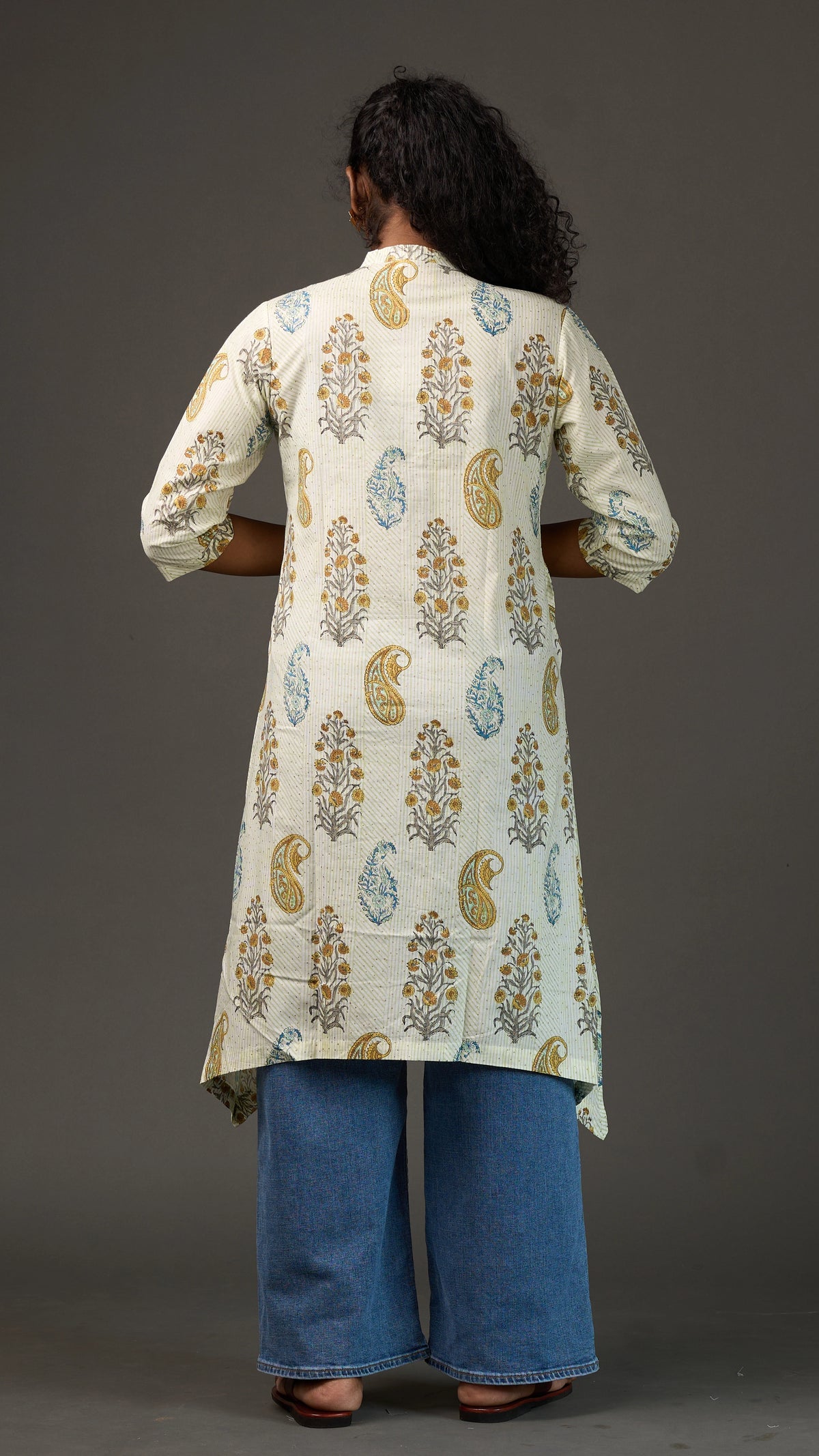 SANGANERI | Ivory Pistachio striped Floral Cotton Shirt Dress