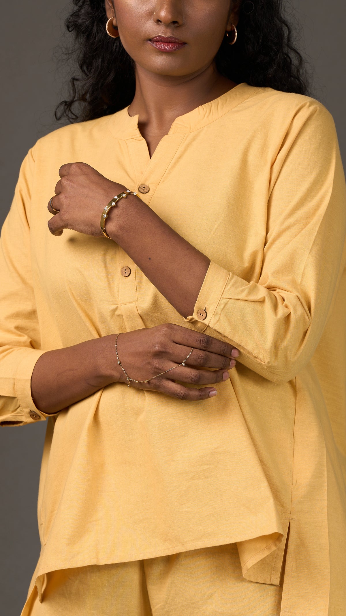 KANSO | Yellow Cotton Linen Mandarin Collar Tunic with Wooden Buttons