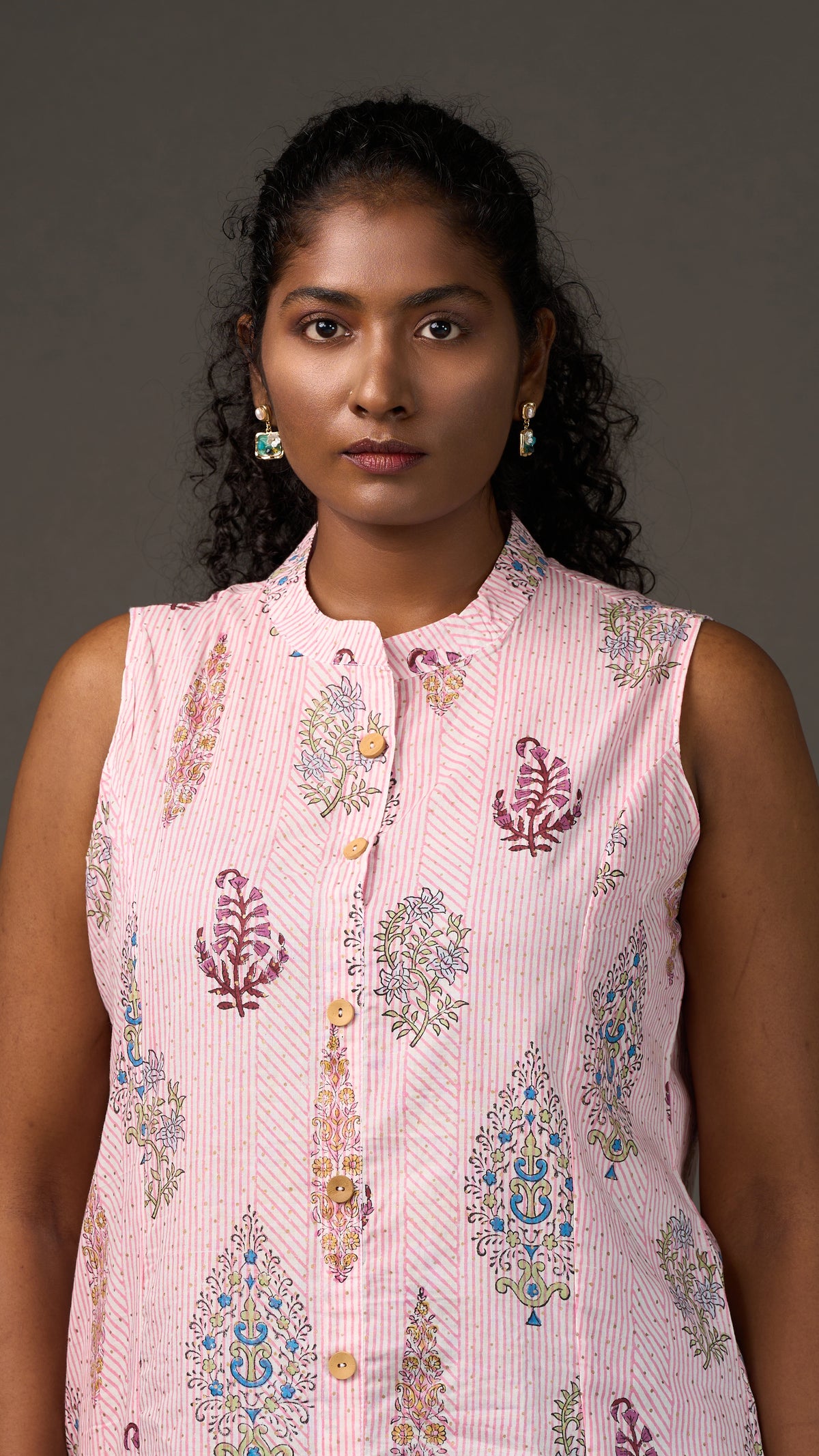 SANGANERI | Ivory Rose striped Floral Cotton sleeveless Shirt Dress