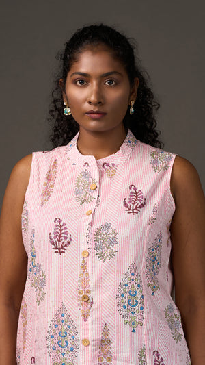 SANGANERI | Ivory Rose striped Floral Cotton sleeveless Shirt Dress