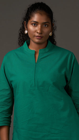 KANSO | Green Cotton Linen Mandarin Collar Regular Fit Tunic