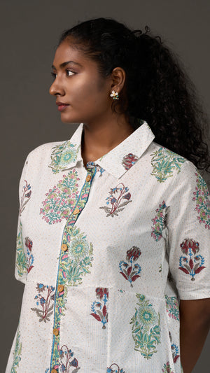 SANGANERI | Ivory Aqua striped Floral Cotton Shirt Dress