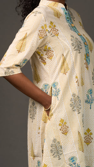 SANGANERI | Ivory Yellow striped Floral Cotton Tunic Dress