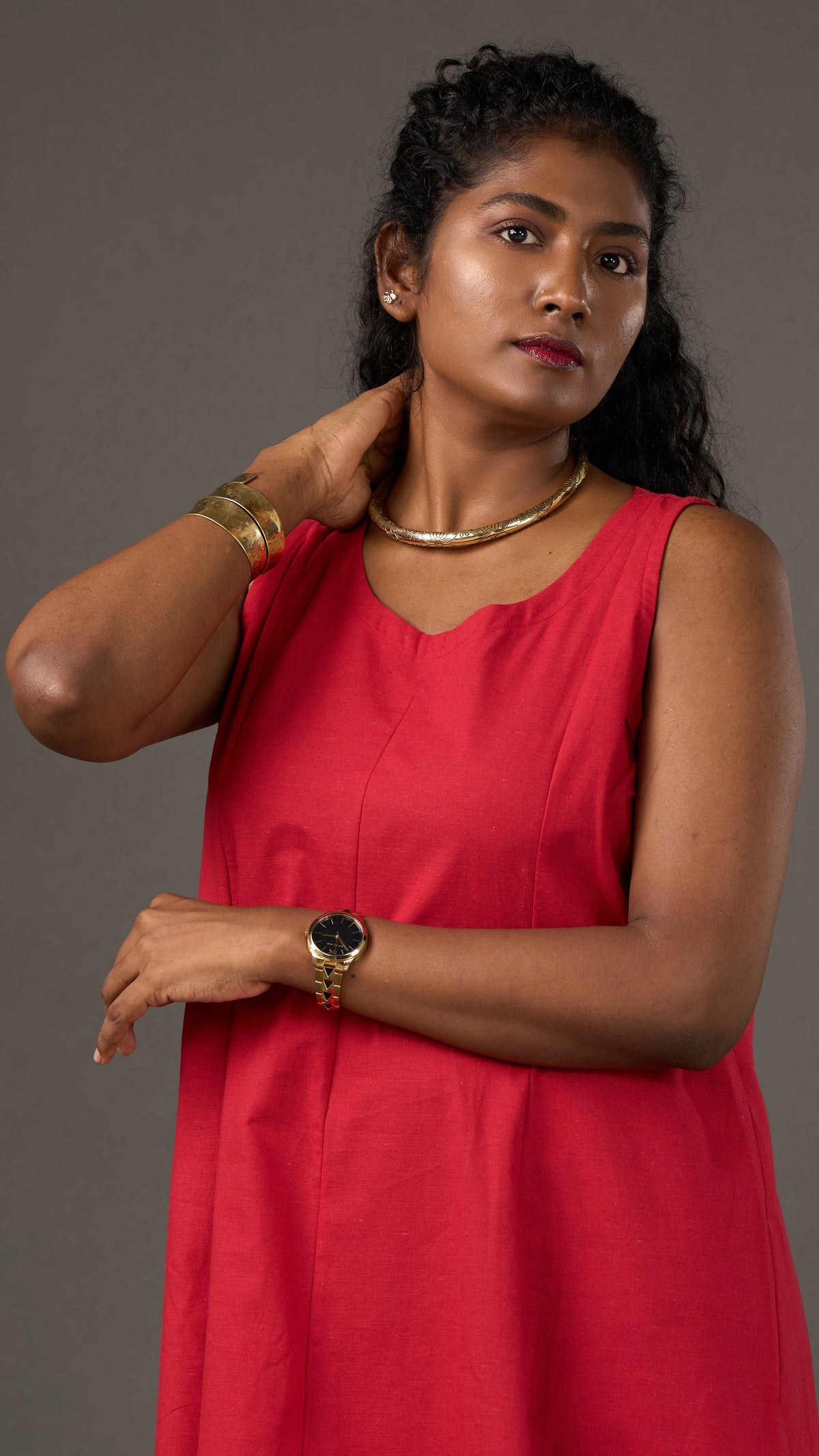 KANSO | Red Sleeveless Cotton Linen A-Line Midi Dress